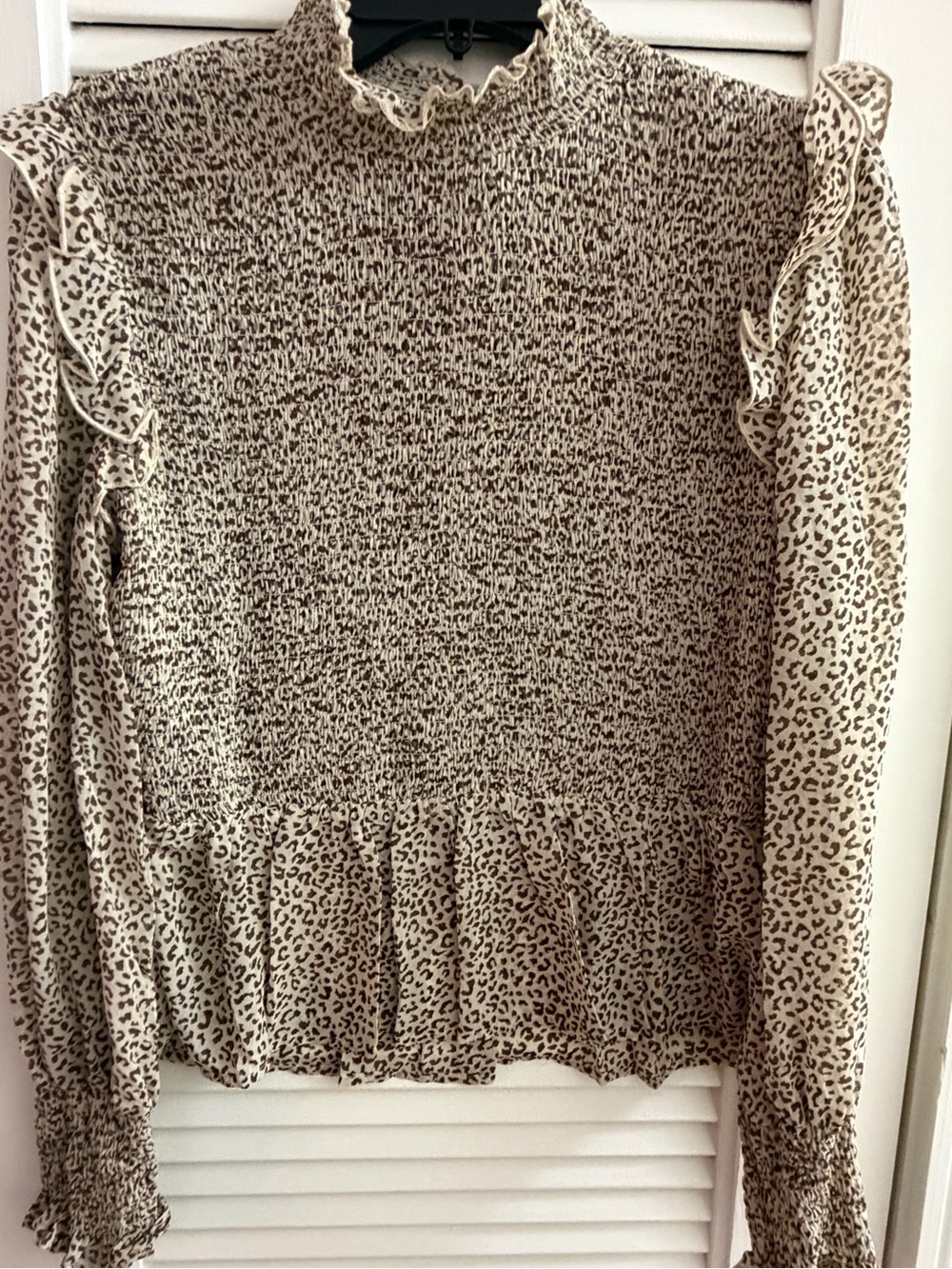 in loom Smocked Leopard-Print Ruffle Blouse Cream/Brown Large